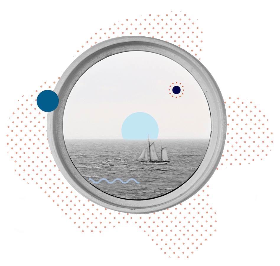 Illustration graphique site Extellient d'un hublot et bateau pour la page notre approche et less is more